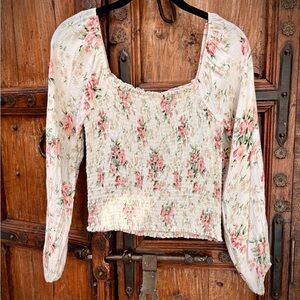 American Eagle Outfitters Floral Smocked Blouse - Pink and Cream EUC